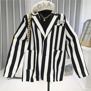 

Black And White Striped Suit Coat Women's Fall 2020 New Loose Style Casual Suit Vertical stripe