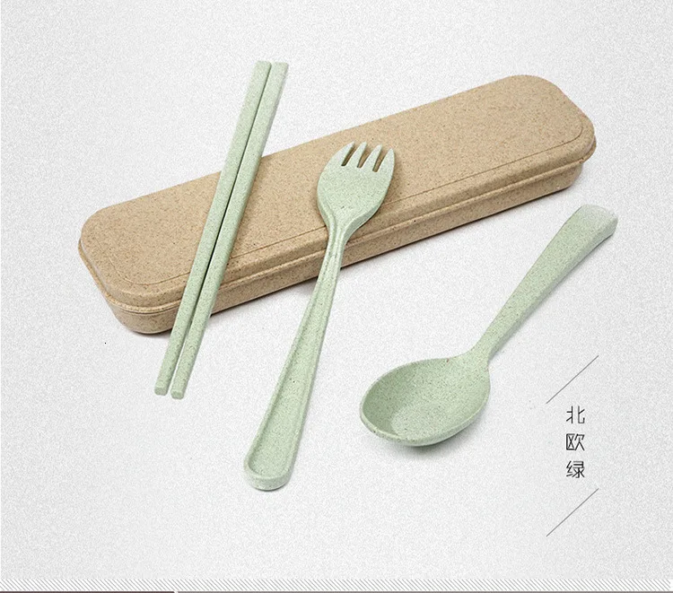 Wheat Portable Tableware Three-piece Originality Travel Scoop Chopstick Fork Suit Student Gift Box