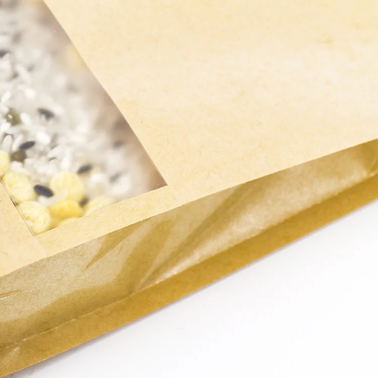 100 шт./лот, крафт-бумага, Ziplock, Упаковочная Сумка, восьмисторонняя печать, сумки на молнии, пластиковое окно, стоячие мешки для хранения риса, закусок, еды