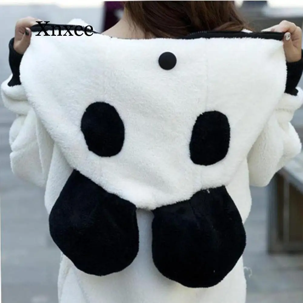 Winter Warm Hoodie Sweatshirts Women Lovely Plush Coat Hooded  Japanese panda coat teddy fox zipper panda ears student daughter