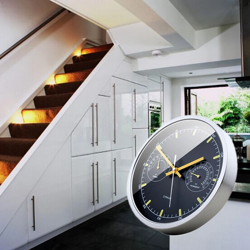 Нержавеющая сталь немой Металл настенные часы с Гигрометром Настенные часы с термометром темп комната спальня простые гостиная настенные часы