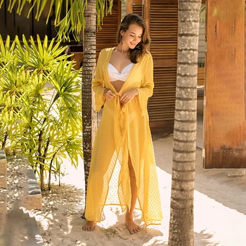

New Women Print Pareo Beach sunscreen loose long sleeve tunic Summer dress beach bikini cover up Swimsuit Kaftan Swim Beach Wear