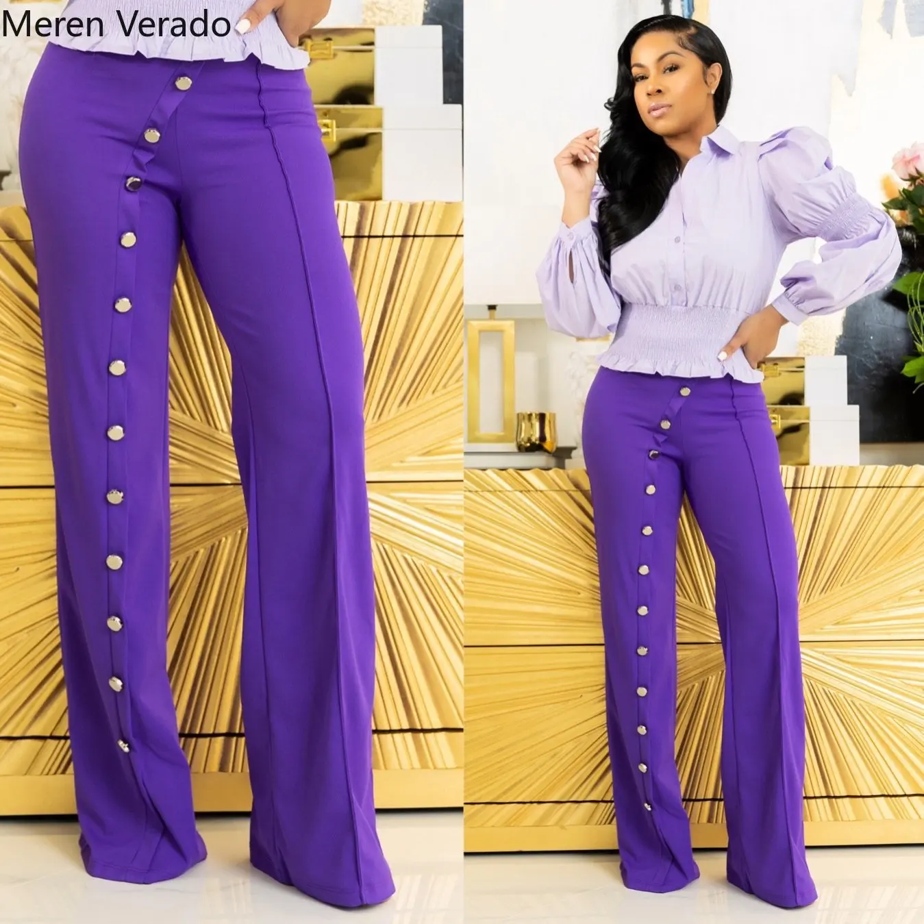 Meren Verado Streetwear Women High Waist Button Straight Trousers Solid ...