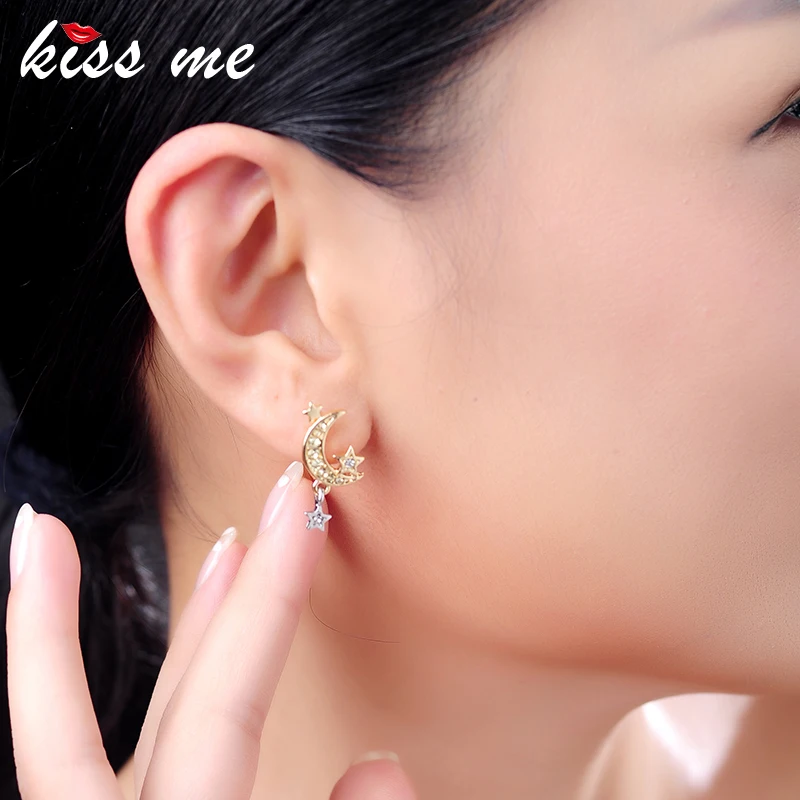 Kissme асимметричные серьги-гвоздики в виде Луны, звезды, для женщин, подарки, изысканный хрусталь, золотой цвет, новые серьги, модные ювелирные изделия