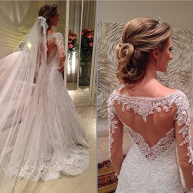 Vestidos De Noiva, винтажное, с глубоким вырезом, с аппликацией, прозрачное на спине длинное, с рукавами, ТРАПЕЦИЕВИДНОЕ, кружевное свадебное платье, свадебные платья, BO6022