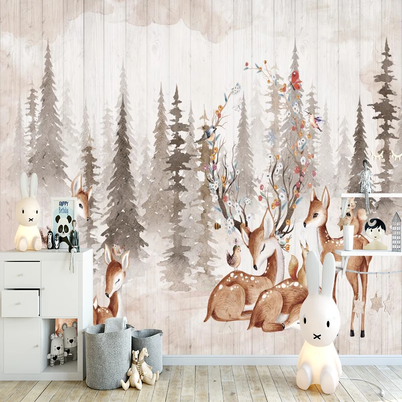 Custom 3D wallpaperCustom 3D Wallpaper Hand drawn forest cartoon elk sika deer Bedroom Background Wall Home Decoration Wallpaper