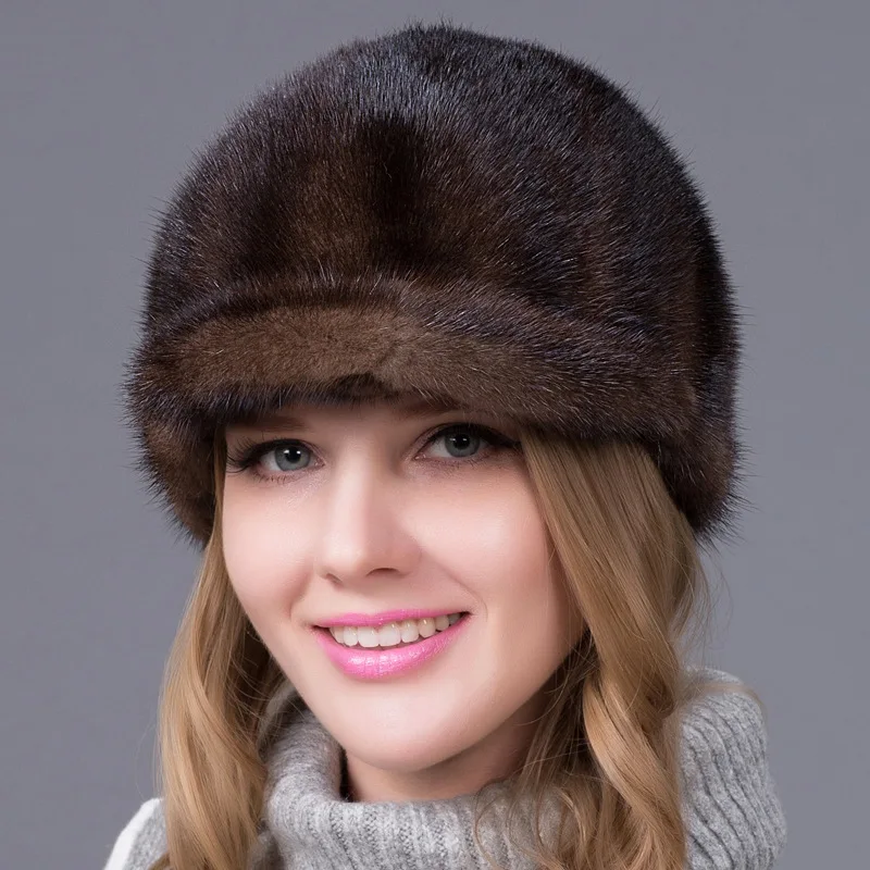 Dark Brown Шапка из натурального меха норки для зимы, Женская импортная вязаная шапка с лисьим мехом,, высококачественные женские шапочки горрос Mujer Invierno - Цвет: Dark Brown