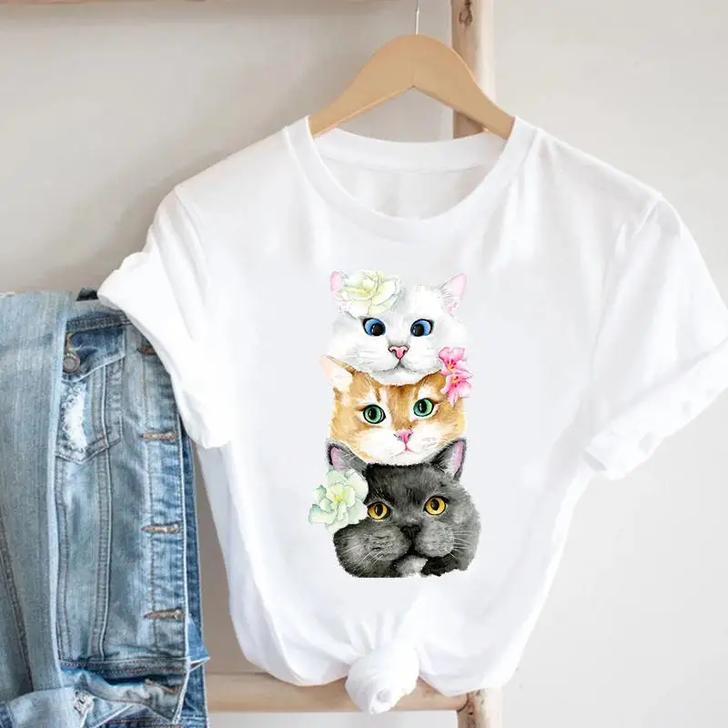 Cat Plant Flower New Lovely Women Clothes Cartoon Clothing Fashion Short Sleeve Print Tshirt Female Top Graphic Tee T-shirt cool t shirts