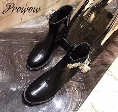 AS PIC Prowow; Новинка; ботильоны из натуральной кожи с цветочным принтом и кристаллами; осенне-зимние женские ботинки с круглым носком на молнии сбоку на низком каблуке - Цвет: AS PIC