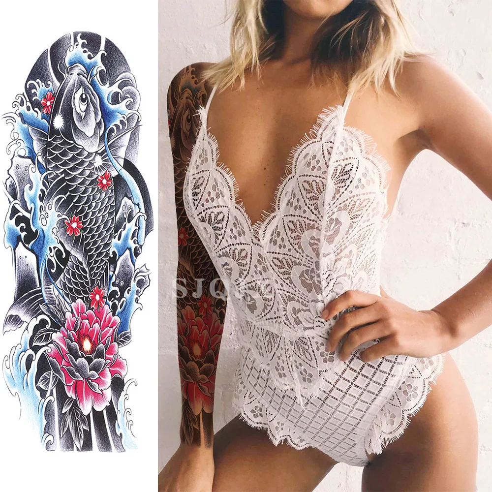Temporary art body tattoo stickers watercolour immortal dragon flower figure animal cool black Full arm Waterproof fake tattoo - Цвет: F