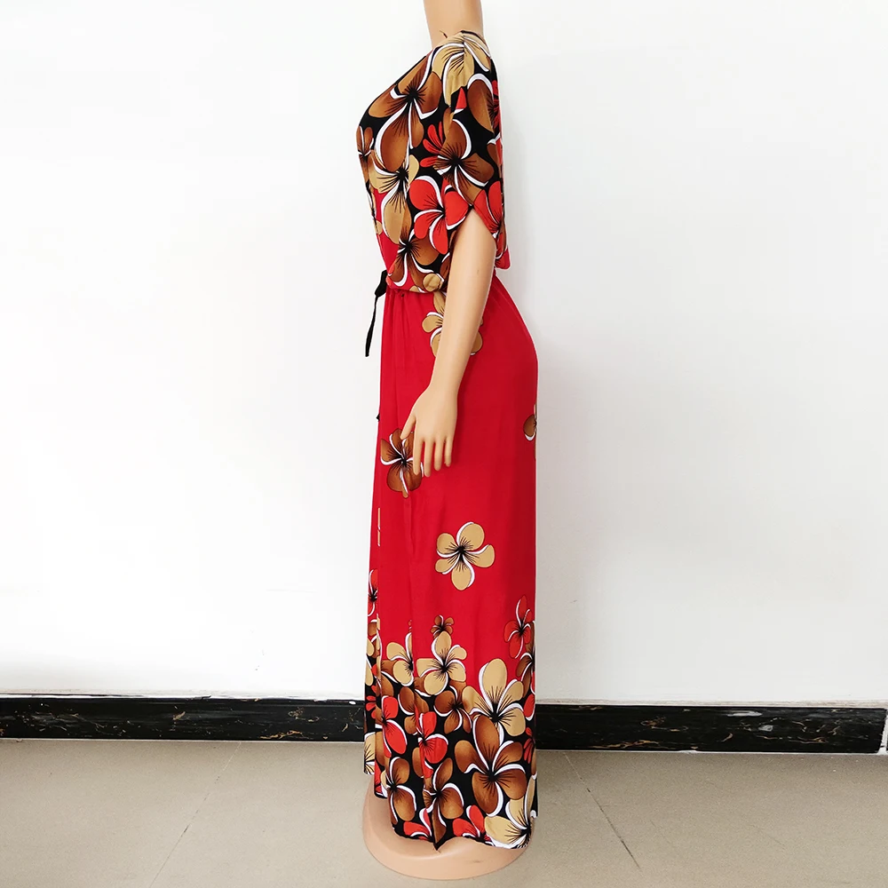Summer Women' s Dresses African Loose Short Sleeves Colorful Floral Print Long Robe With Scarf Elegant Nigeria Maxi Dress Bazin african couple outfits
