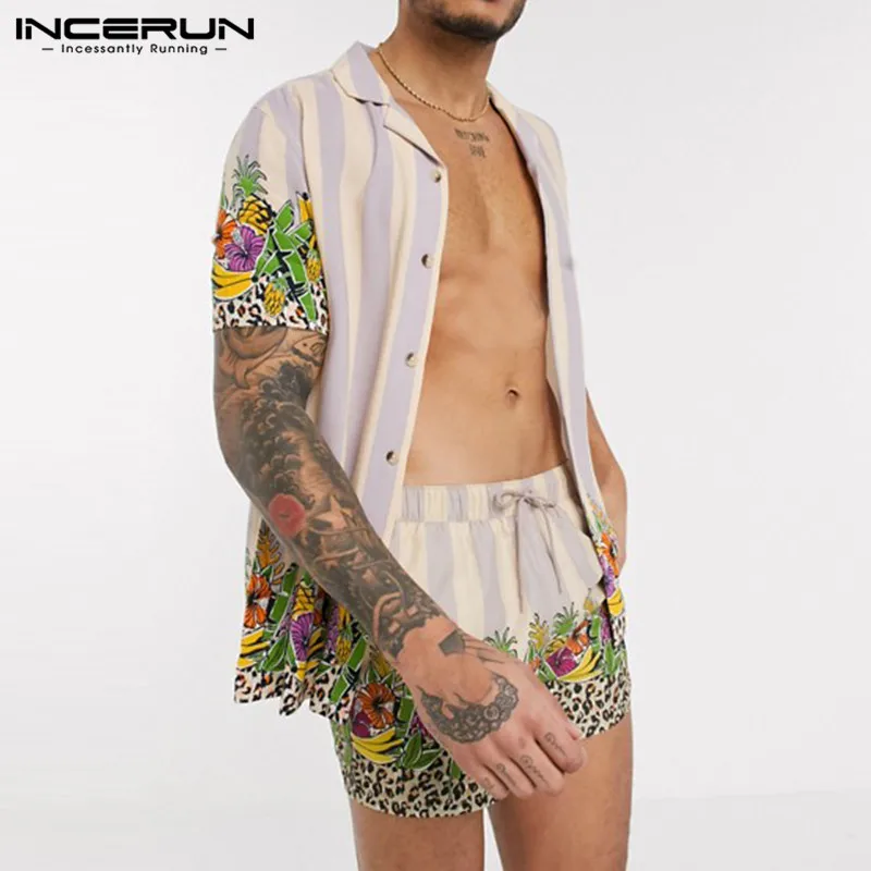 

INCERUN Men Hawaiian Sets Printing Beach Summer Short Sleeve Lapel Shirt & Shorts 2 Pieces Vacation Streetwear Men's Suits 2020