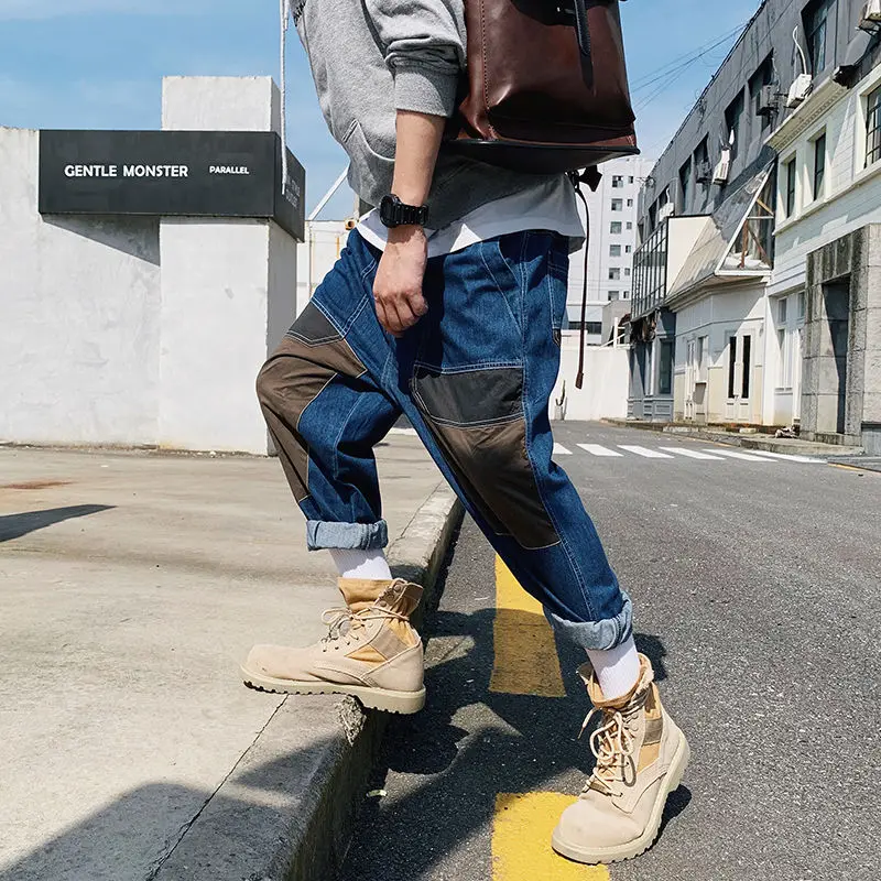 

Men's jeans 2020 autumn new slim pure color Haren trousers splice jeans relaxed casual fashion individuality youth men's wear