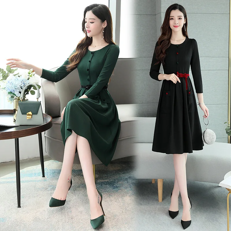 

Shirt Dress Female Autumn 2019 New Style Mid-length by Age Western Style Waist Hugging Slimming Elastic Knitted Skirt