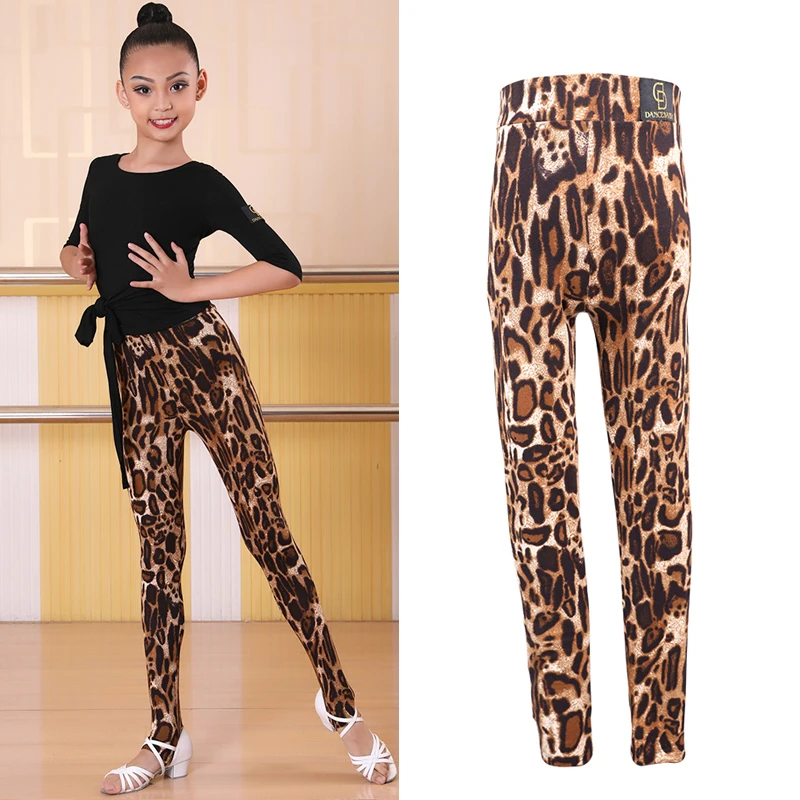 

New Latin Dance Pants Girls 2019 Leopard Pants Ptactice Clothing ChaCha Slim Fit Trouders Children Latin Dance Costume BL2529