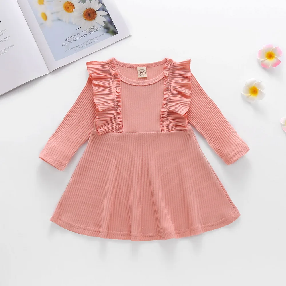 

Baby Girls Ruffle Long Sleeve Dress Casual Soild Color Round Neck A-line Dress Cuute Girls Knee-length Dress D30