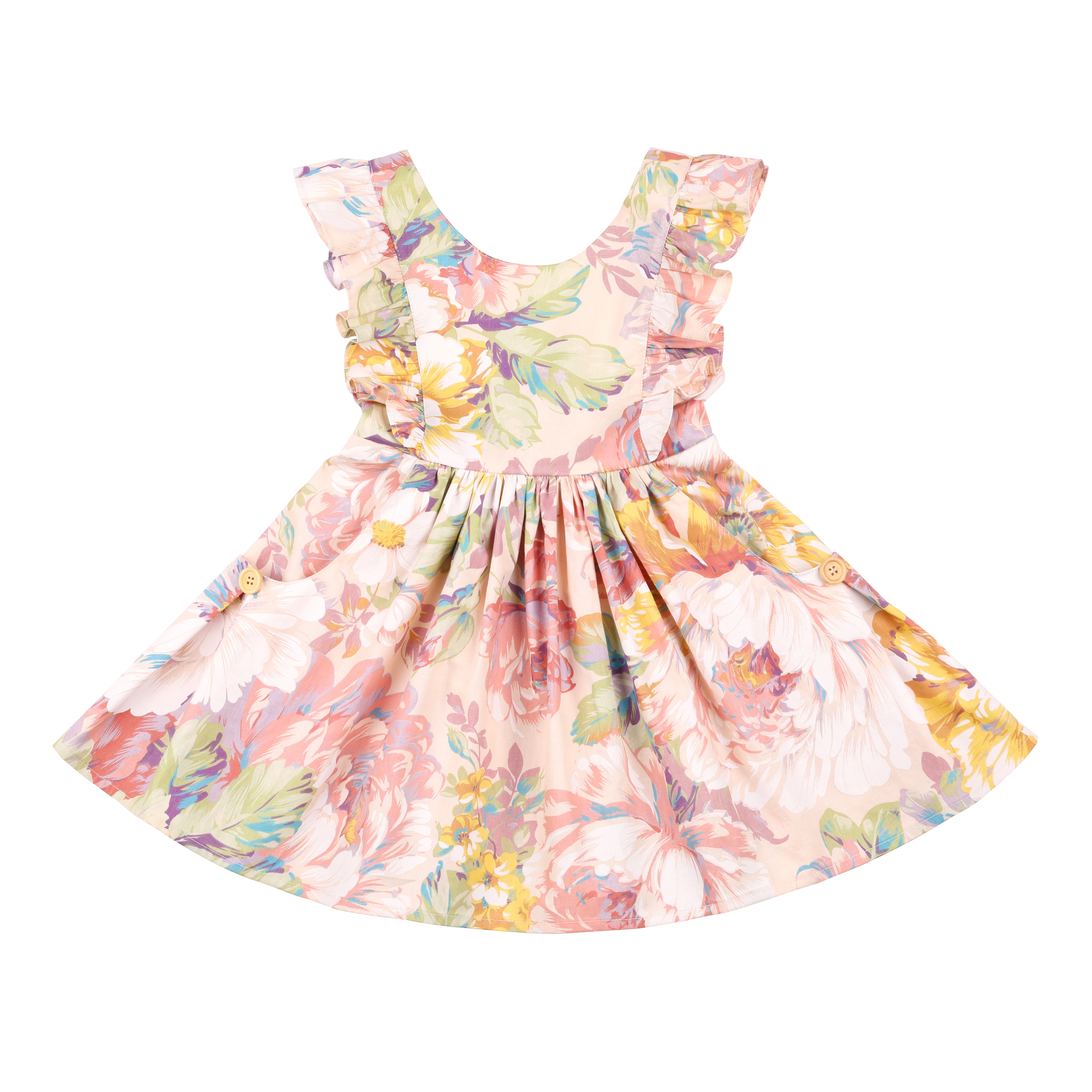 Flofallzique/платье для маленьких девочек с карманом в винтажном стиле; с цветочным рисунком; с круглым вырезом; с оборками; с открытыми плечами; с рукавами; с пуговицами сзади; Вечерние