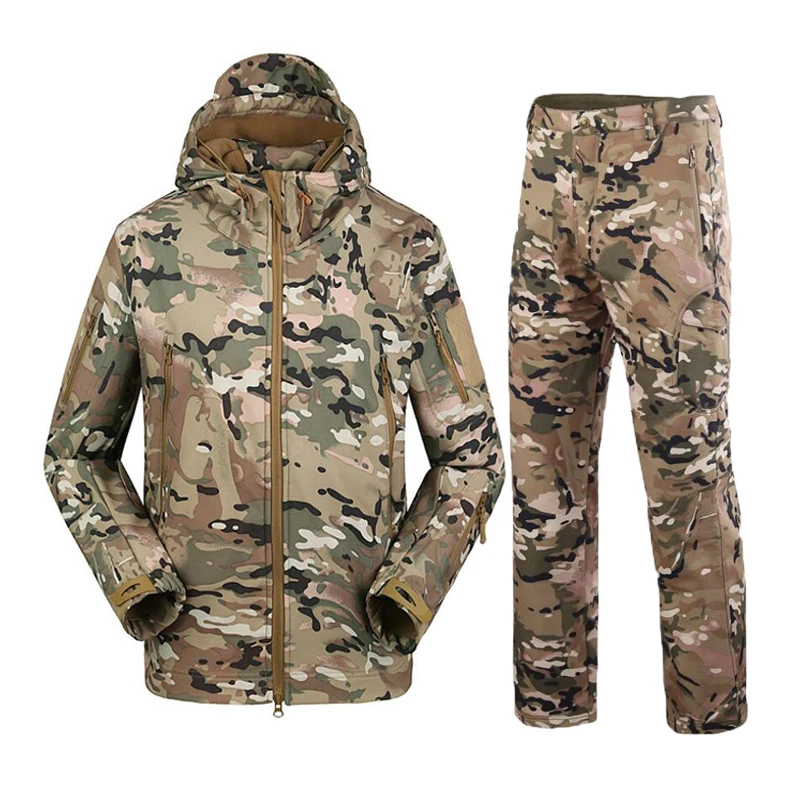 Military Camouflage Hiking Jackets Set Outdoor Waterproof Thermal Fleece Hunting Windbreaker Softshell Tactical Hunting Jacket