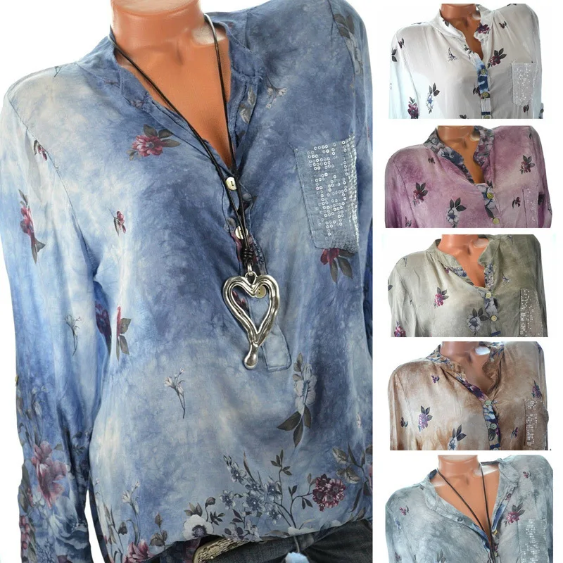 

Large size casual ladies blouse 2020 spring and summer Women Blouse sequins pocket print long sleeve Tops shirt