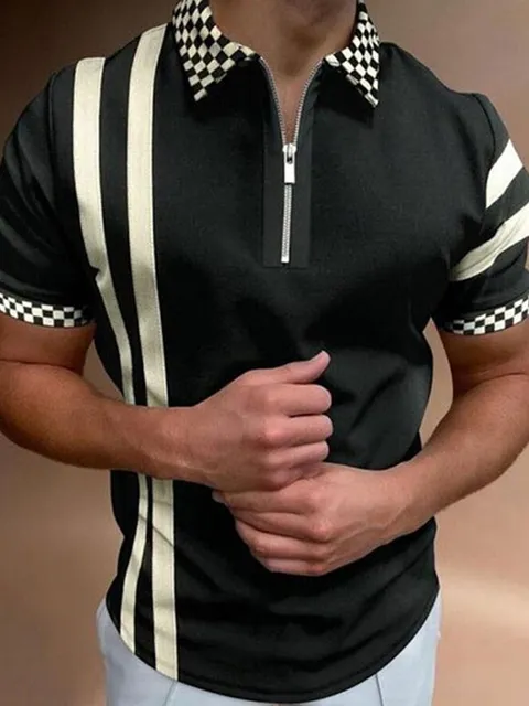 Shirt Fashion Striped Patchwork Short Sleeve Tops For Men Casual Turn-down Collar Zip-up Polo Shirts 2021 Summer Men's Slim Polo PLS-25 black