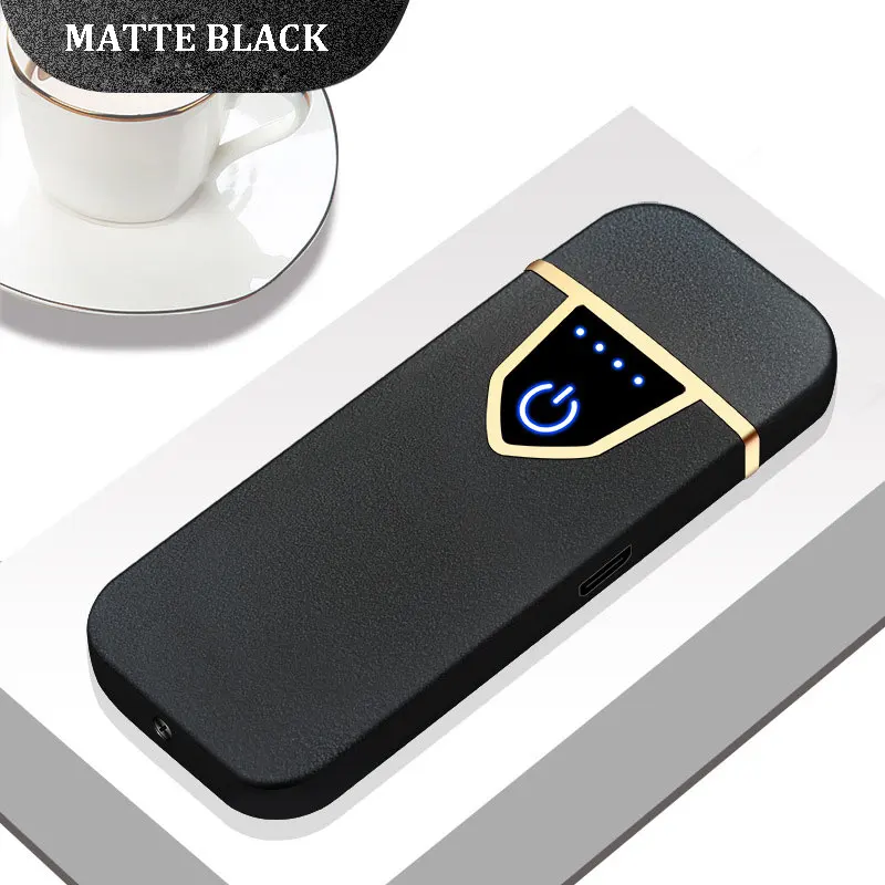 Металлическая электронная USB Зажигалка Ветрозащитная беспламенная ультра-тонкая перезаряжаемая сенсорная электрическая сигарета для курения - Цвет: MATTE BLACK
