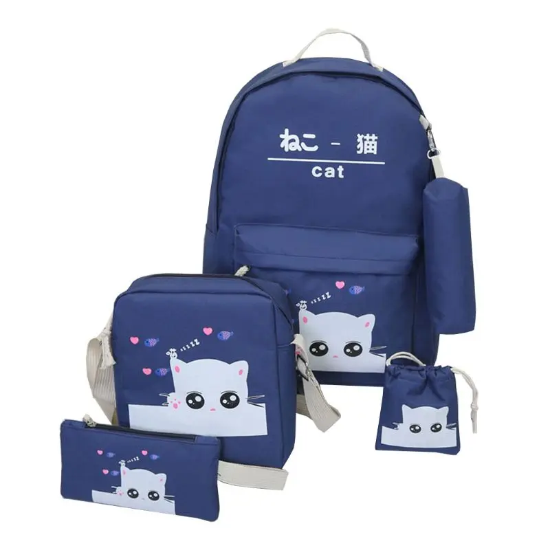 5pcs Adorable Cute Cat Print Canvas Women Girl Backpack Laptop Daypack Student School Shoulder Bag Bookbag Pencil Case Purse Set