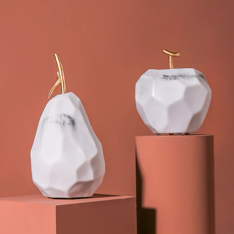 

Creative Plant Fruit Marble Texture Vintage Statue Home Decor Crafts Room Decoration Objects Geometric Apple Pear Resin Figurine