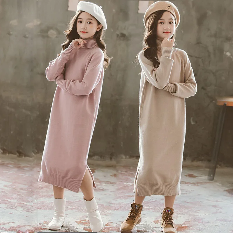 

Girls Dress 2021new Children's Knitting Dresses for Girls Clothes Long Turtleneck Sweater Dress Thicken Kids Undershirt Dress