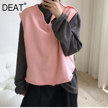 

DEAT new autumn and winte fashion casual round neck solid color sweater vest loose slim vest sleeveless pullover for women SF468