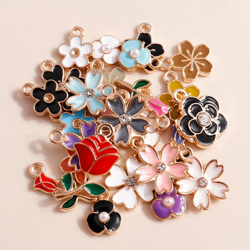 Set of 10 Enamel Flower Charms – Rose & Sakura Pendants