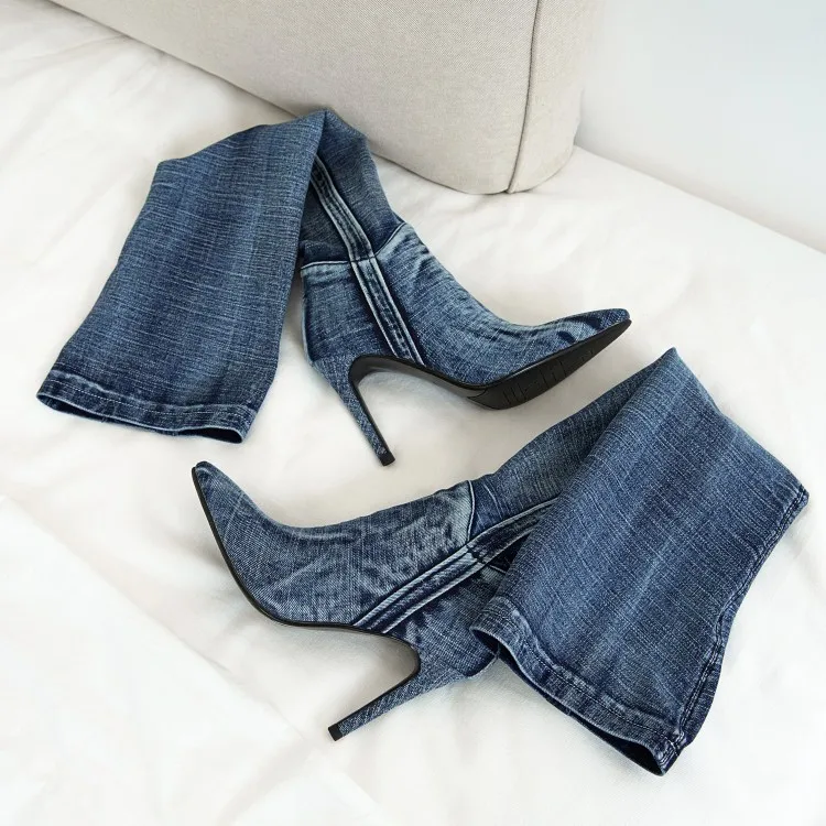 Womens Denim Jeans Over The Knee Thigh& Ankle Boots Stilettos High Heel Pointed Toe Side Zipper Shoes Punk Motorcycle New