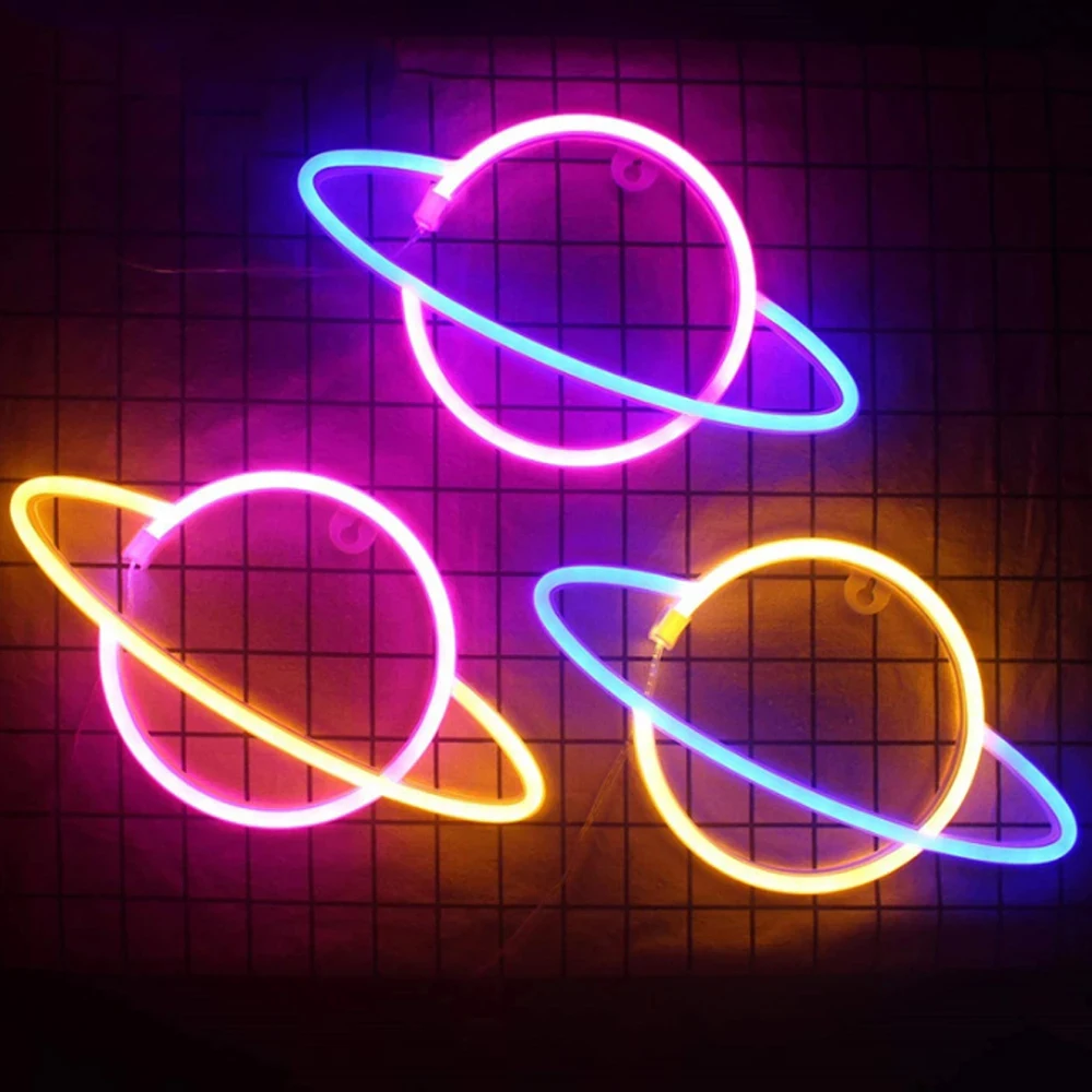 

LED Neon Lamp Elliptical Planet Shaped Sign Neon Light Battery Powered Home Decorative Wall Light Party Room Lighting