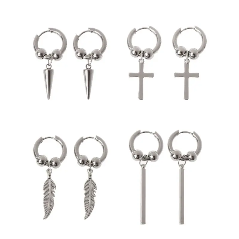 

Hip Hop Titanium Steel Tassel Chain Cross Bar Feather Spike Dangle Hoop Earrings