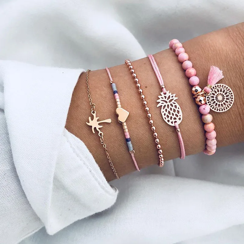 

5 Pcs/Set Bohemia Bracelets Sets Hollow Flower Tassel Coconut Tree Pineapple Beads Friendship Bracelet Gifts for Women Jewelry