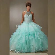 Бирюзовые Бальные платья бальное платье с бретельками из органзы с оборками, Украшенные бусинами кристаллы дешевые милые 16 платья