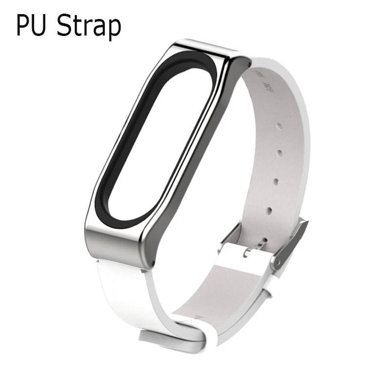 Ремешок из искусственной кожи для mi Band 4 Smartband браслет для Xiaomi mi Band 4 PU ремешок плюс металлический каркас ремешок для mi Band 4 NFC - Цвет: PU White