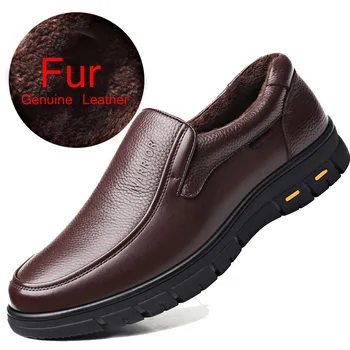 

REETENE 2019 New High Quality Men'S Shoes Winter With Fur Plush Warm Loafers Men'S Genuine Leather Casual Shoes Work Shoes