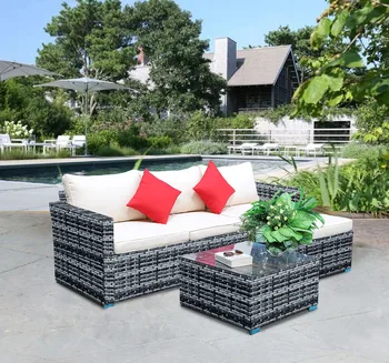 

5pcs Outdoor Furnitures Patio Sectional Garden Sofa Set with Glass Coffee Table All-Weather PE Rattan Wicker Sets