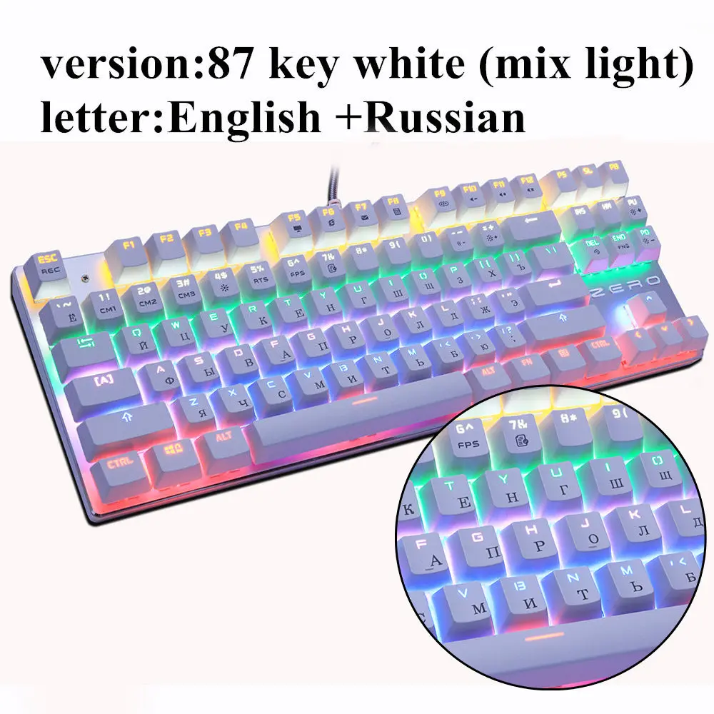 87 backlit white RU Профессиональная игровая механическая клавиатура 87 клавиш синий переключатель клавиатуры для планшетного компьютера русская и английская наклейка - Цвет: 87 backlit white RU