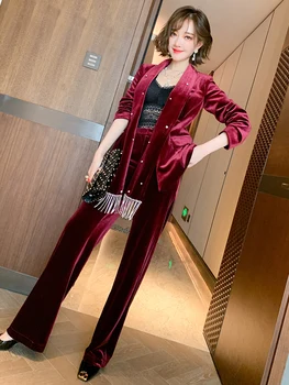 

Beaded tassel scarf collar improved suit + high waist velvet straight pants suit women 2020 autumn new