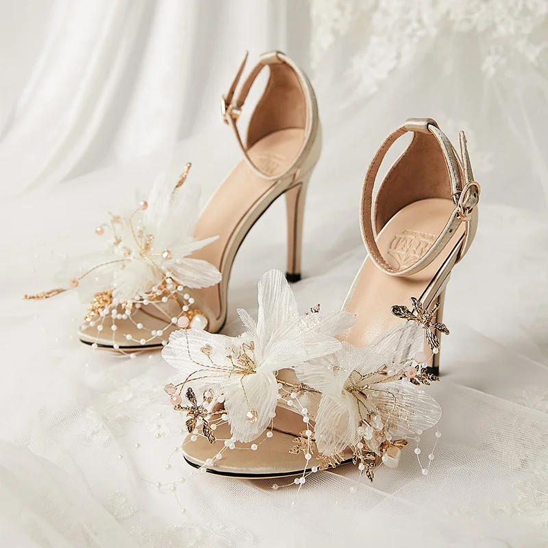 

Wedding Sandals Design Sweety Princess Private Handmade Lace Flower Gold Branch Jade Wedding Shoes High-heeled Shoe Dresses