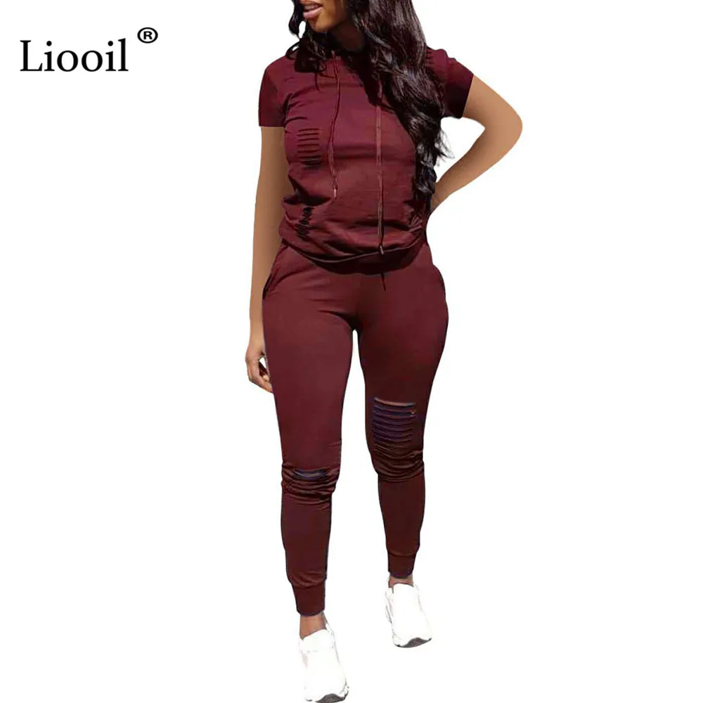 Liooil спортивный костюм с порезами, Женский комплект из двух предметов,, толстовка с капюшоном с короткими рукавами и длинные прямые брюки, комплекты для бега