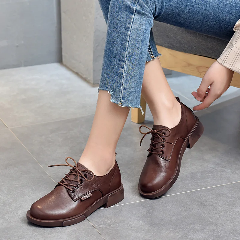 

Flat leather small single shoes lace-up low-top shoes spring new British style first layer cowhide women's shoes casual shoes