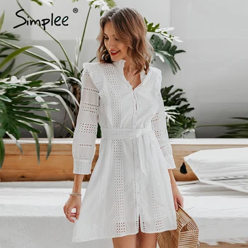 

Simplee Vintage Button White Party Dress Women Spring Autumn Hollow Out Runway Dress Elegant Sash Long Sleeve Ladies Short Dress