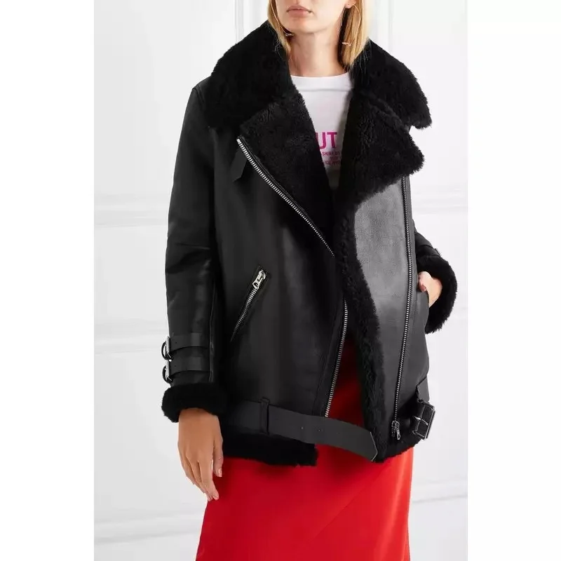 

Women Fashion Genuine Leather jacket winter Warm Fur coat sheepskin Wool Jackets Plus Size Sheep Shearling Fur Long Sleeve Coat