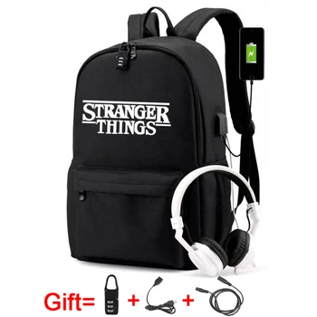 

New Stranger Things Canvas Backpack USB Charge Women Student Backpack Letters Print School Bag Teenager Girls Ribbons Backpack