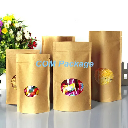 

17x24cm Doypack Pouch Stand Up Kraft Paper Storage Bag With Oval Clear Window Food Storage Packing Bag Zipper Zip Lock Package