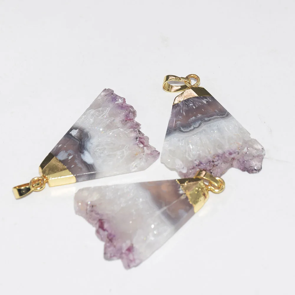 

Natural Purple Crystal Quartz Triangle Pendant femme 2019 Polish Stripe Geode druzy amethysts stone gold point pendant for women