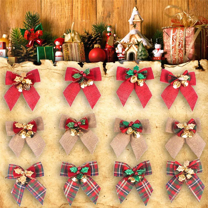 Новогодний Рождественский льняной бант с железными колокольчиками маленькие банты подарок Рождественская елка гирлянды из ротанга банты украшения для дома