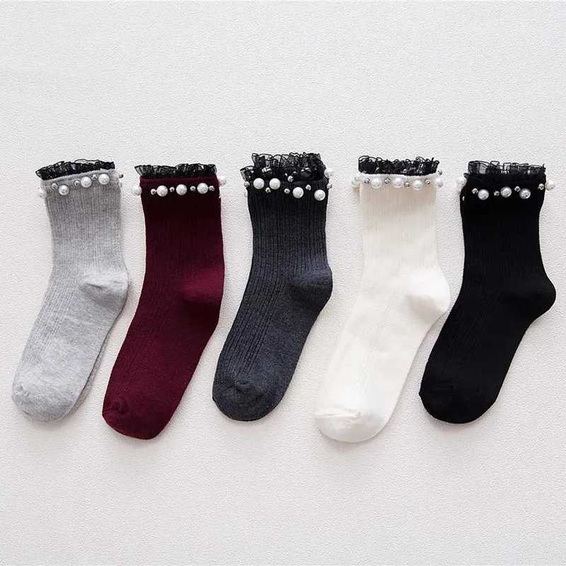 1 пара Для женщин однотонные мягкие носки из хлопка с жемчугом для девочек с кружевными манжетами группа короткие носки до лодыжки осень-зима гольфы